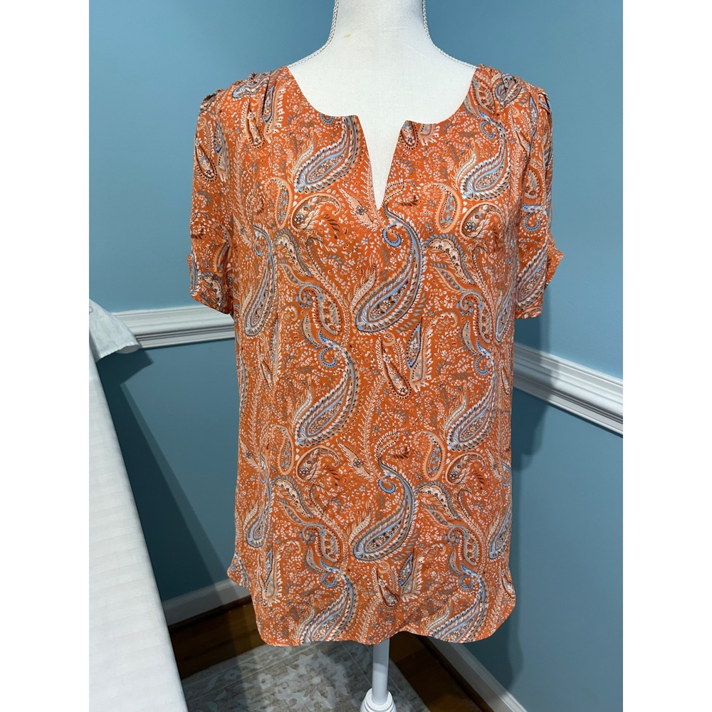 DR2 by Daniel Rainn Orange Paisley Split Neck Blouse Short Sleeve Small